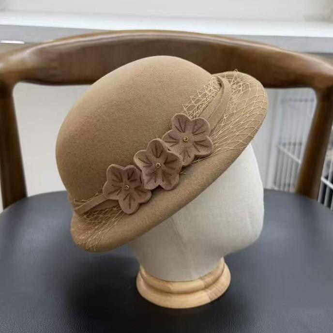 Elegant woolen top hat autumn and winter new bucket hat women's fashion retro pearl flower curling