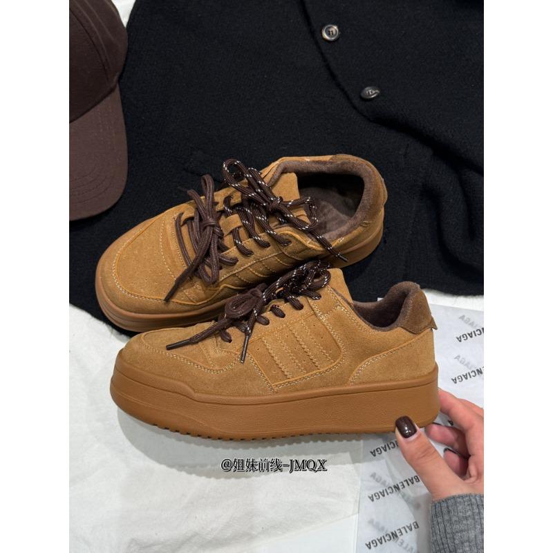 Retro classic sports shoes leather women's winter new velvet fashion versatile platform casual board shoes
