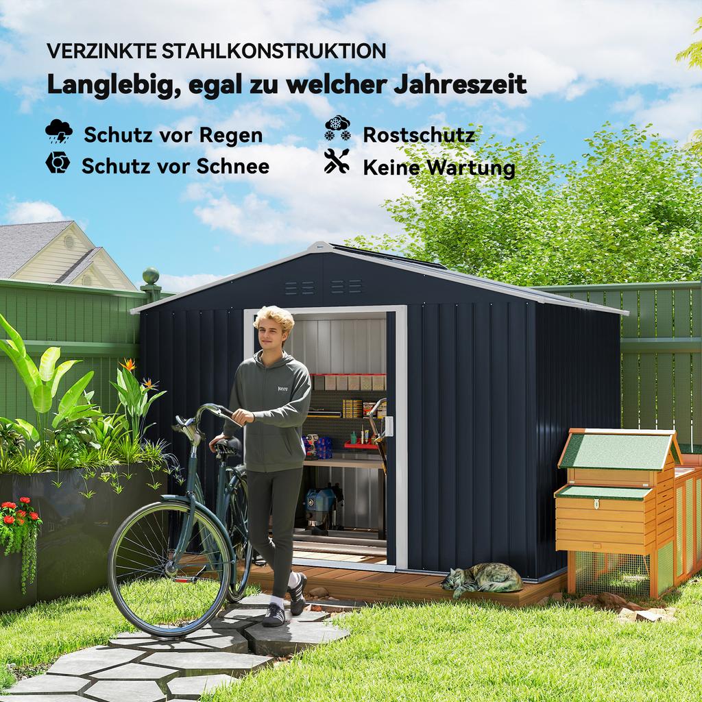 Metal Tool Shed with Sliding Doors and Ventilation Windows, 277 X 195 X 192 Cm, Dark Grey