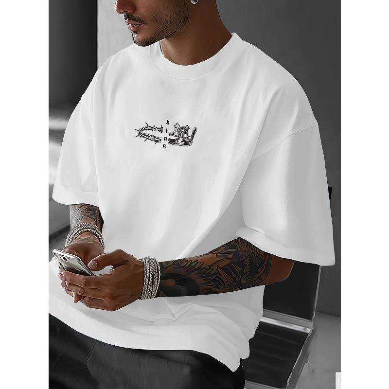 European sizes Men's T-Shirt - Breathable, Casual Street Style, Round Neck, Loose Fit, Black with White Print