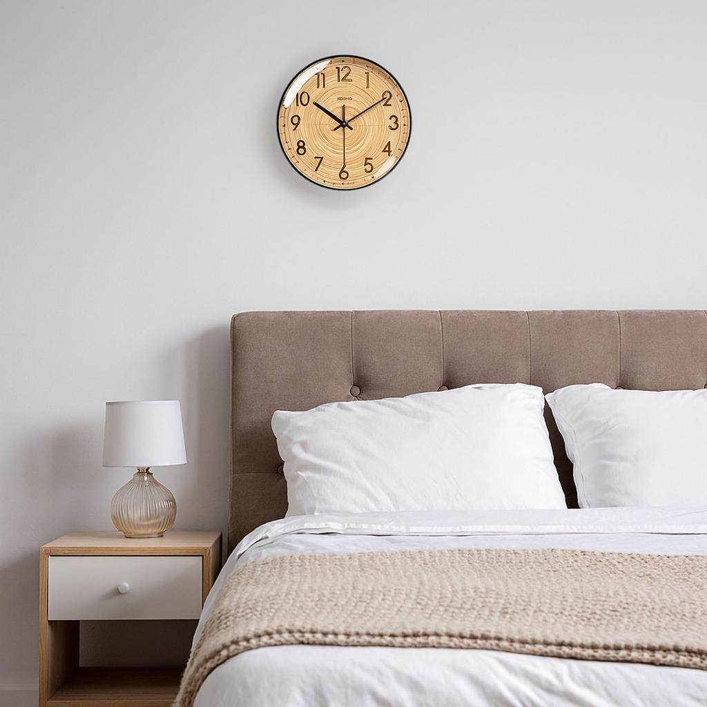 Silent 10-inch Wall Clock, Nordic Style, Wood Grain Finish, Modern, Natural, Analog, Round Shape, for Living Room, with Wall Hook (Black)
