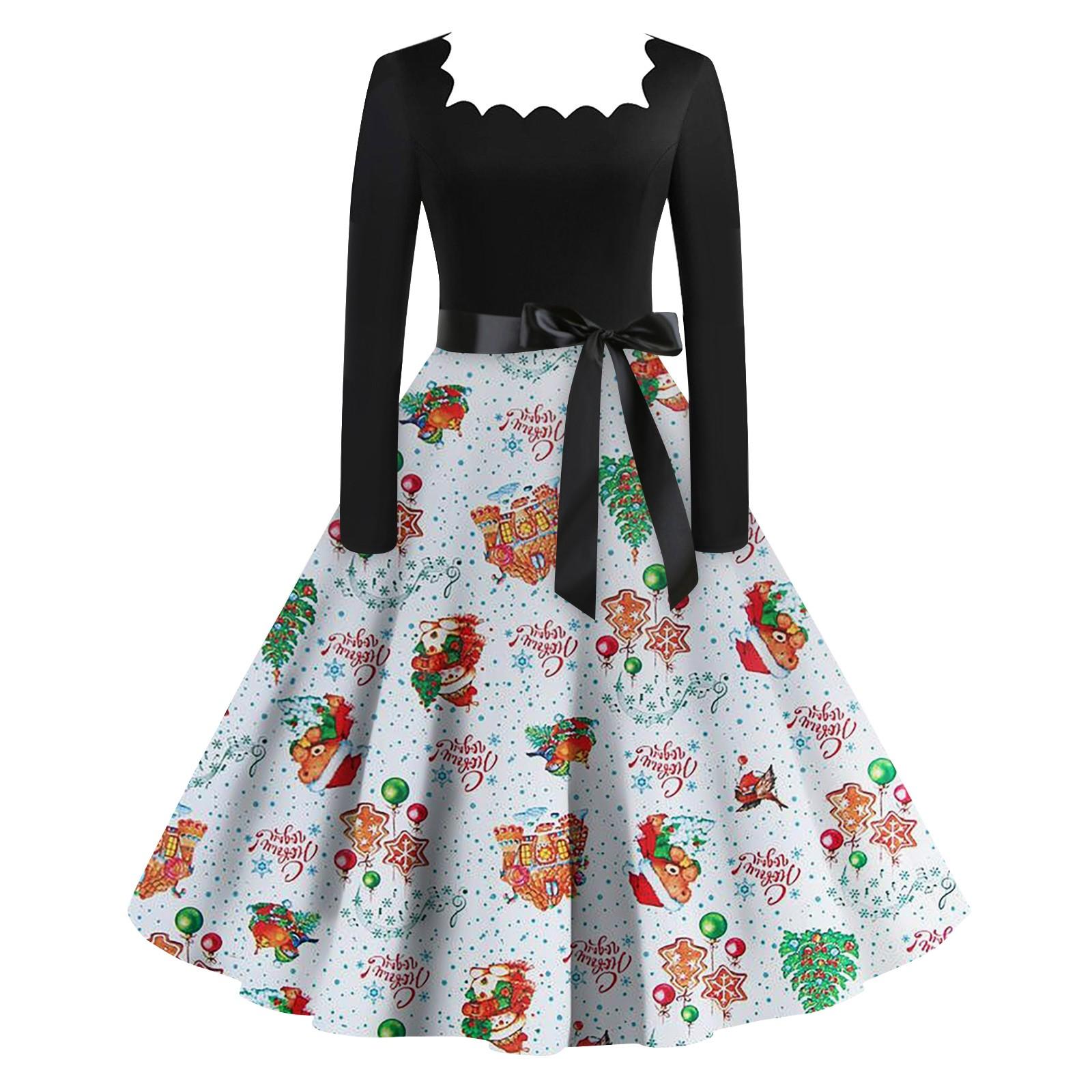 

Женская мода винтаж с длинным рукавом квадратный вырез рождественский принт вечерние платья платья XXXXL шафрановый