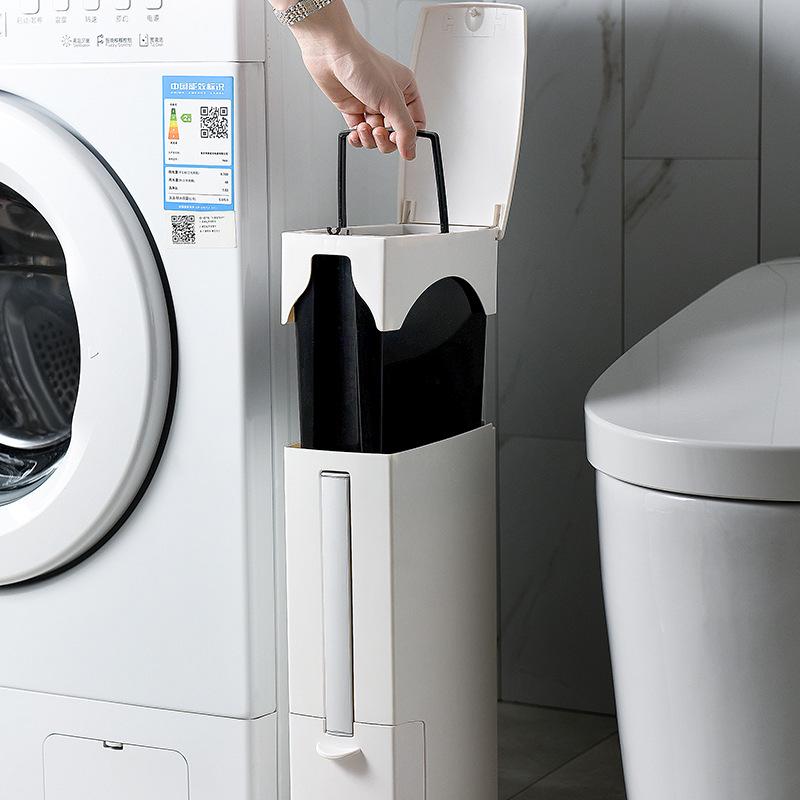 Japanese-Style Bathroom Trash Can & Toilet Brush Set: Compact, Narrow Design with Lid.