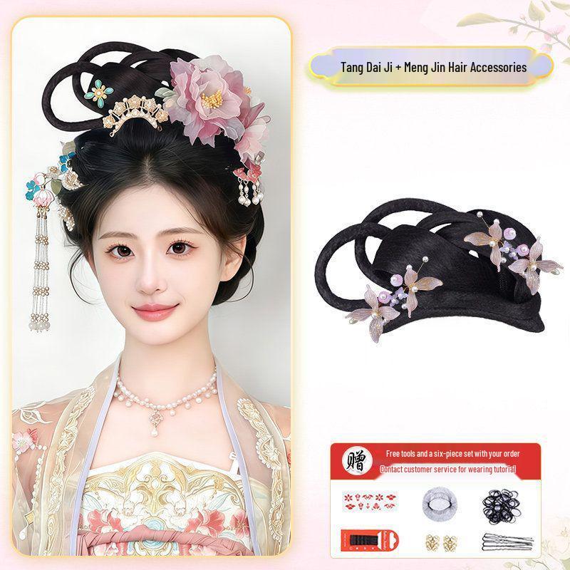 Hanfu Soft Bottom Wig with Tang & Ming Style Hair Bun Headdress for Performance