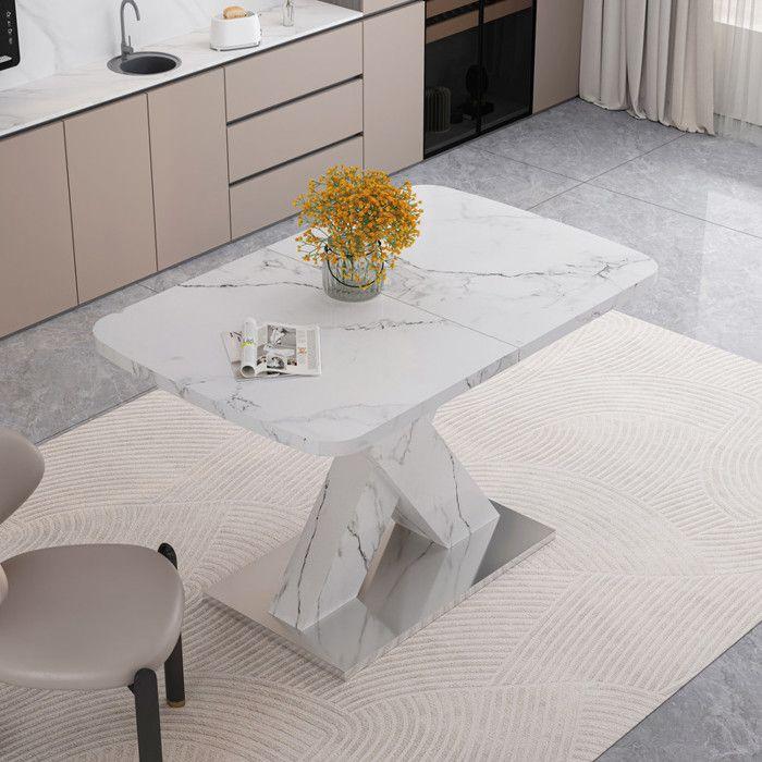 Table à manger extensible - MUVOE - Rectangulaire - Marbre blanc - 6 places - 160 cm