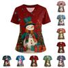 Women's Short Sleeved Christmas Printed V-neck Buttonable Side Slit Top T-shirt