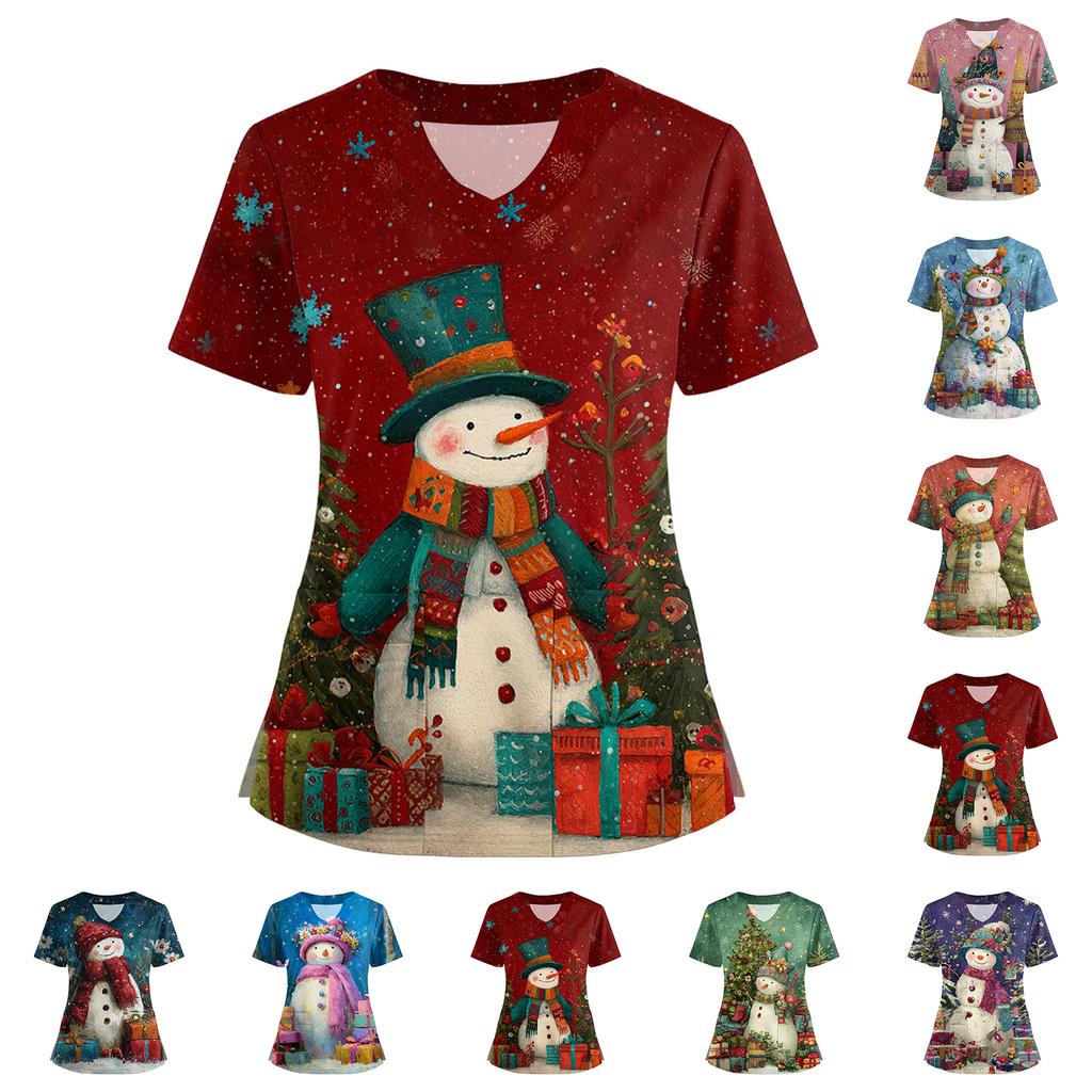 Women's Short Sleeved Christmas Printed V-neck Buttonable Side Slit Top T-shirt