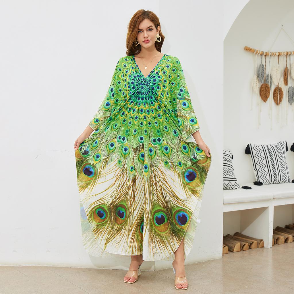 Women's Fashion Summer Spring Feather Print 3/4 Sleeves V-Neck Loose Waistline Casual Dresses