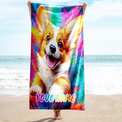 1PC Custom Name Colorful Corgi Dreams Beach Towel Highly Absorbent And Sand-Resistant Towel for Swimming, Pool, Yoga, And Travel Lightweight