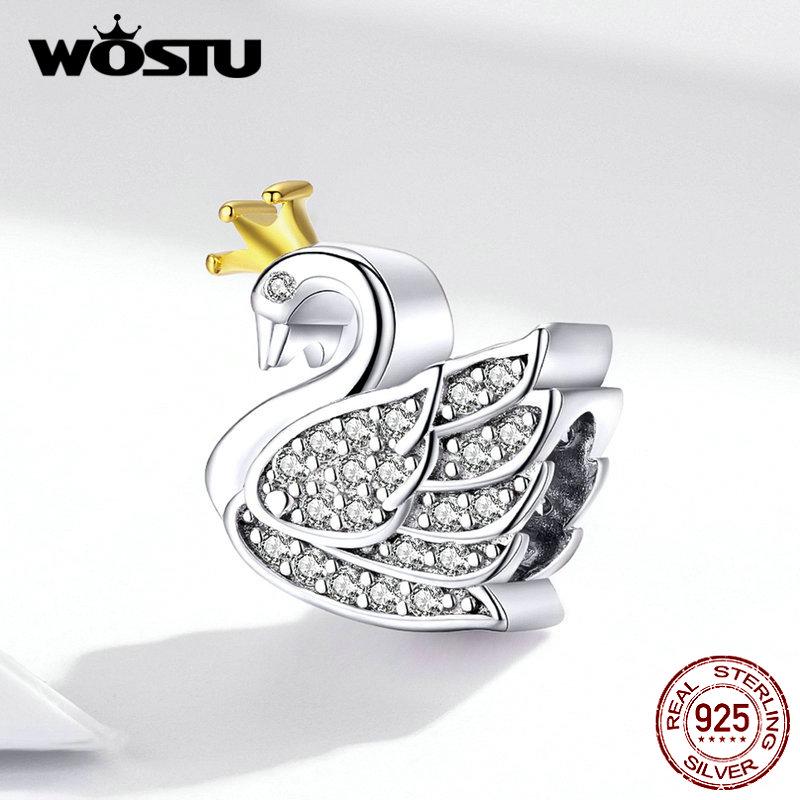 

WOSTU Настоящее серебро 925 пробы Принцесса Лебедь Циркон Подвески подходят браслет кулон DIY ожерелье Pendant