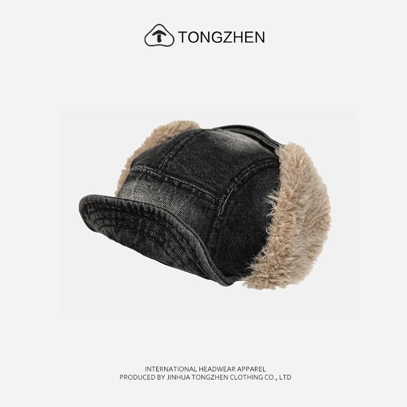 Warm Winter Fleece-Lined Denim Trucker Hat With Ear Flaps Unisex Retro Washed Cap Cold Weather