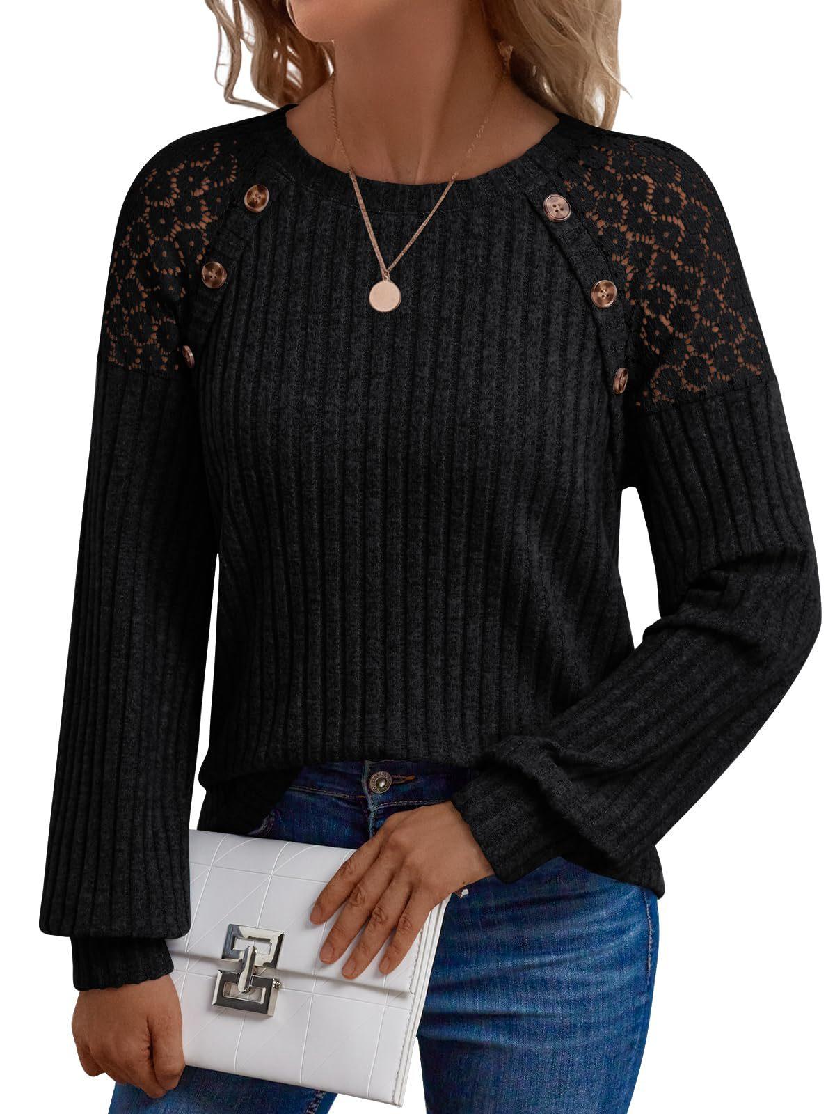 

Women s Beige Knit Sweater with Lace Crochet Detail and Button Accents, Round Neck, Available in Multiple Colors S чорний
