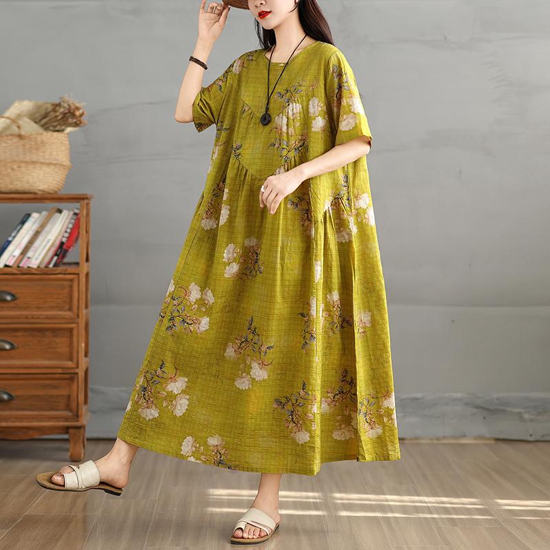 DIMANAF 2025 Women Plus Size Spring Summer Dress Casual Floral Dress Basic Vintage Loose Long Dress Maxi 9311