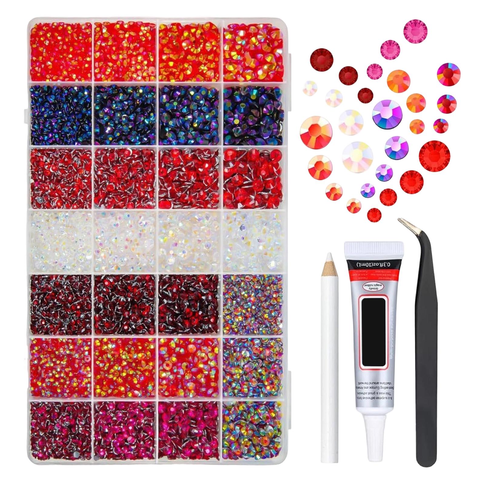 

28 Compartments Nail Art Rhinestones Set with Various Sizes and Shapes Flat Back Gems for Nail Decoration Includes Tweezers Glue and Pick Pencil One Size