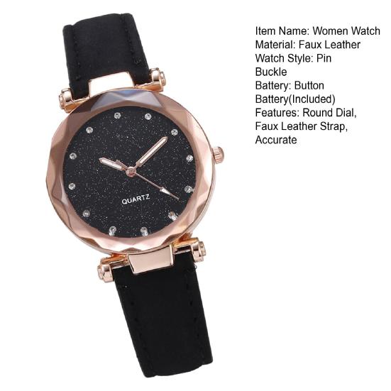 Women Casual Watch Rhinestone Round Dial Faux Leather Strap Ladies Business Formal Dress Quartz Wristwatch Fashion Jewelry Accessory Birthday Gift