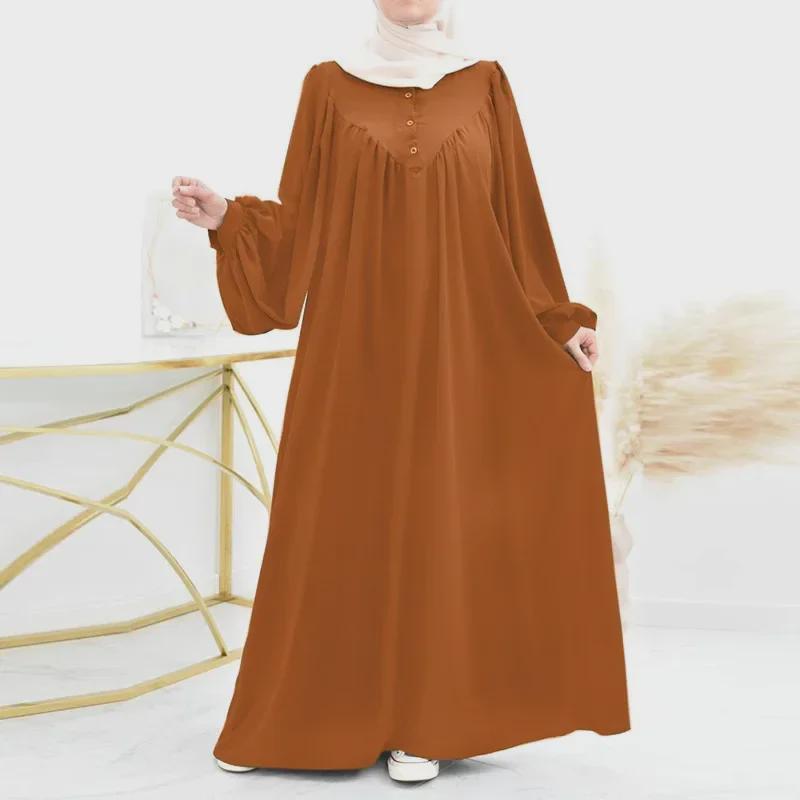 Modern Puff Sleeve Muslim Women's Robe: Spring/Autumn Solid Color Long Dress