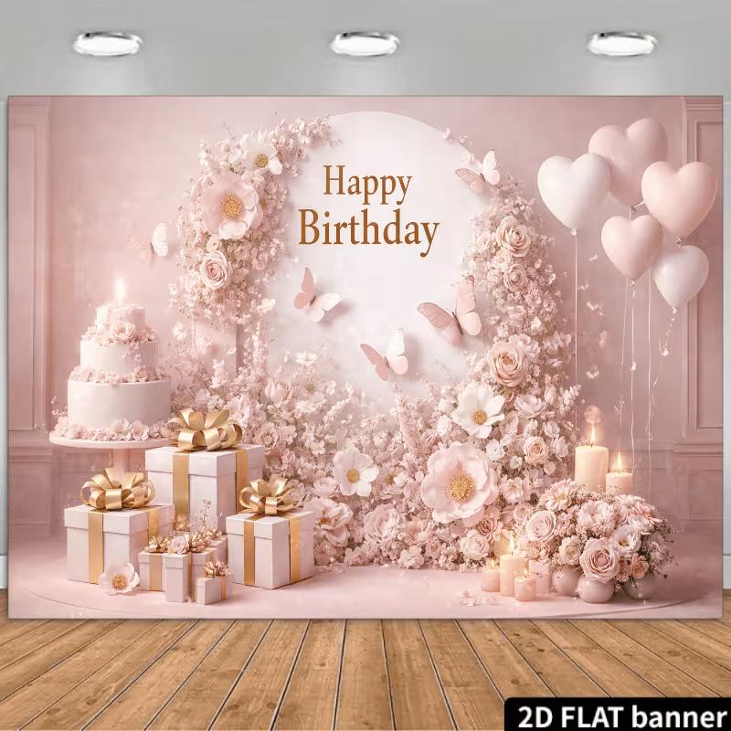 

2D Soft Pink Birthday Backdrop Heart Balloon Candle Photo Booth Background 47.2x31.5inch/120*80cm