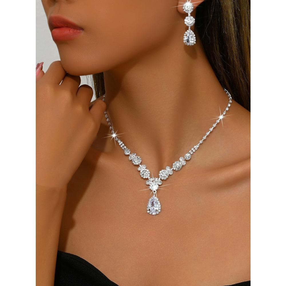 Wedding Jewelry Set Three-piece Set Bright Rhinestones Zircon Angel Teardrop Necklace Earrings Bracelet