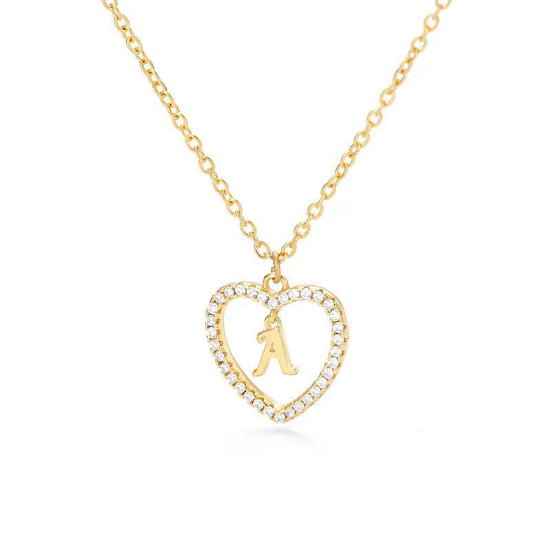 Heart Pendant Zircon Letter Necklace - 26 Letters Available