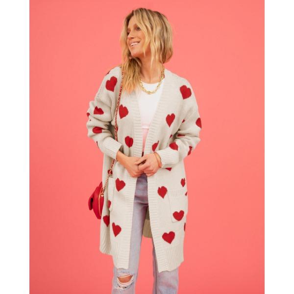 Осенне-зимний женский свитер, кардиган, вязаный кардиган на День святого Валентина, вязаный свитер средней длины с карманами и v-образным вырезом S абрикосовый