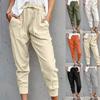 Summer Women's Casual Leggings Elastic Lace-up Front Pockets Color Casual Nine-quarter Pants