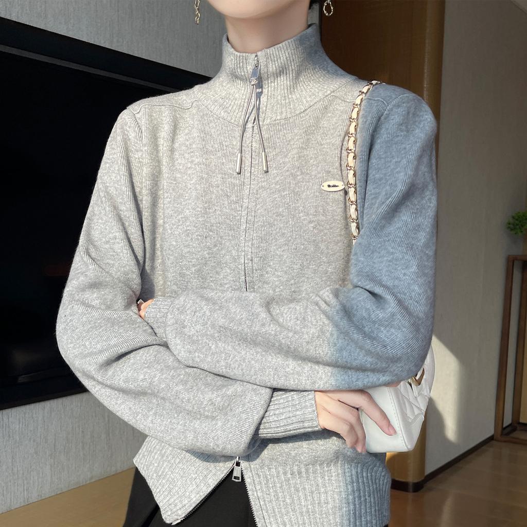 New Autumn and Winter Zipper Knitted Sweater Cardigan Semi-high Neck Top Women's Coat Fashionable Loose Sweater