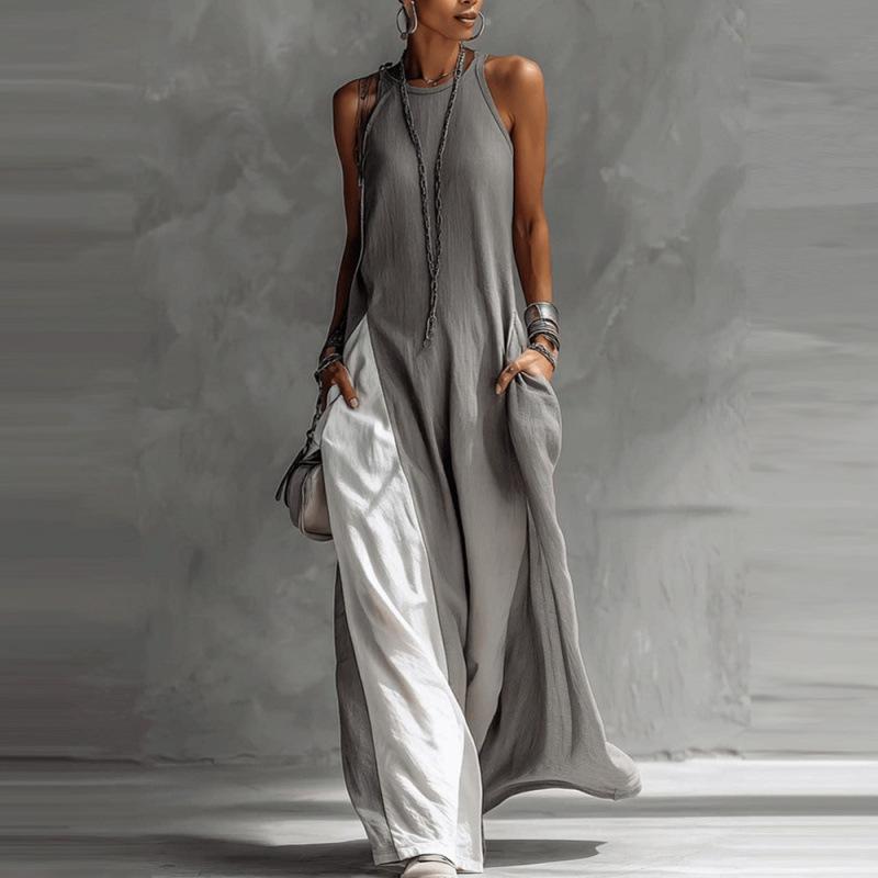 YYFS Damenmode Sommer Frühling Einfarbiger Druck Ärmellos Hängender Nacken Lockere Taille Lässige Kleider XL gray