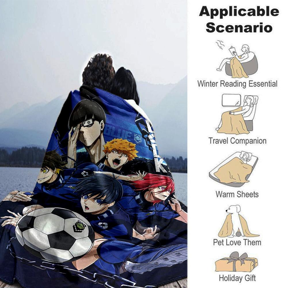 Blue Lock Anime Football Team Character Collage Print Flannel Blanket Dark Blue Chain Background Soft Throw Blanket Anime Fan Decor