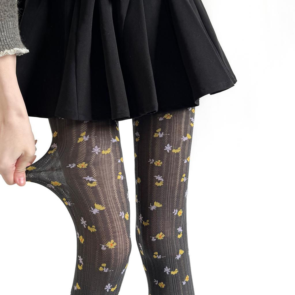 Spring Retro Floral Print Women Tights Vertical Pattern Flower Jacquard Pantyhose Lingerie Hosiery Slim Body Stockings Pantyhose