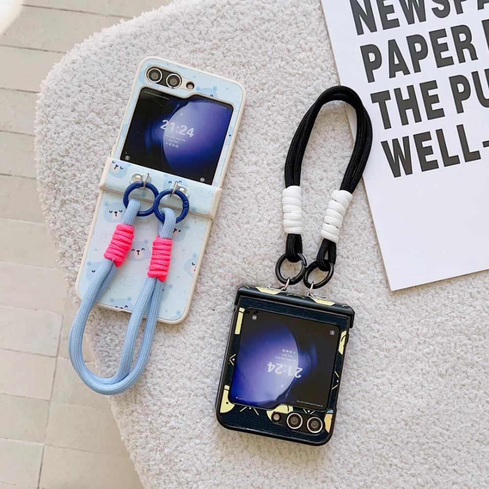 Leather Wrist Strap Happy Face Cute Bear Phone Case for Samsung Galaxy Z Flip 6 5 4 3 Flip6 5G Hinge Protection Shockproof Cover