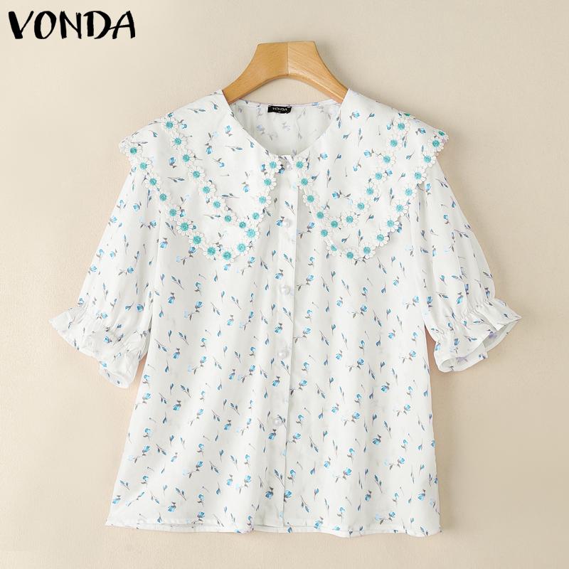 VONDA Damen Sommer Puffärmel Stickerei Saum Blumendruck Lässige Bluse