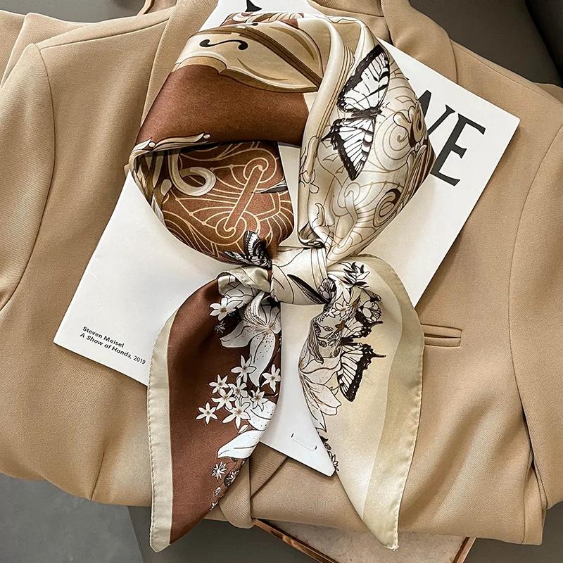 New Floral Print Shawl Design Silk Square Scarf Women Female Wrap Headkerchief Hijab Beach Stoles Hair Band Echarpe Bandana 2023