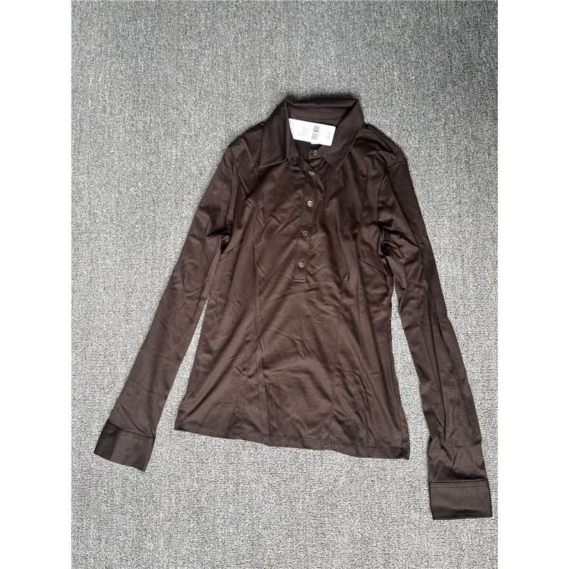 

True Foreign Trade Original Order Us Mercerized Cotton Slim fit Women Black Half Button Shirts Long sleeve Spring and Autumn New Solid Workplace Coffee S