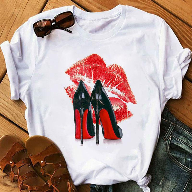Korean Fashion Cute High Heels Graphic Ladies T-Shirt 90S Summer Harajuku Tees Loose White O-Neck Blouse Short Sleeve Women Tops
