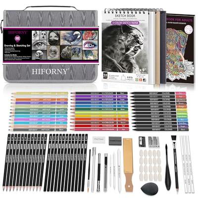 HIFORNY Professionelles Zeichen- und Skizzier-Set: Enthält Graphit-, Kohle-, Farb-, Wasserfarben- und Metallik-Stifte, Wischstift, Skizzenbuch, Colorin