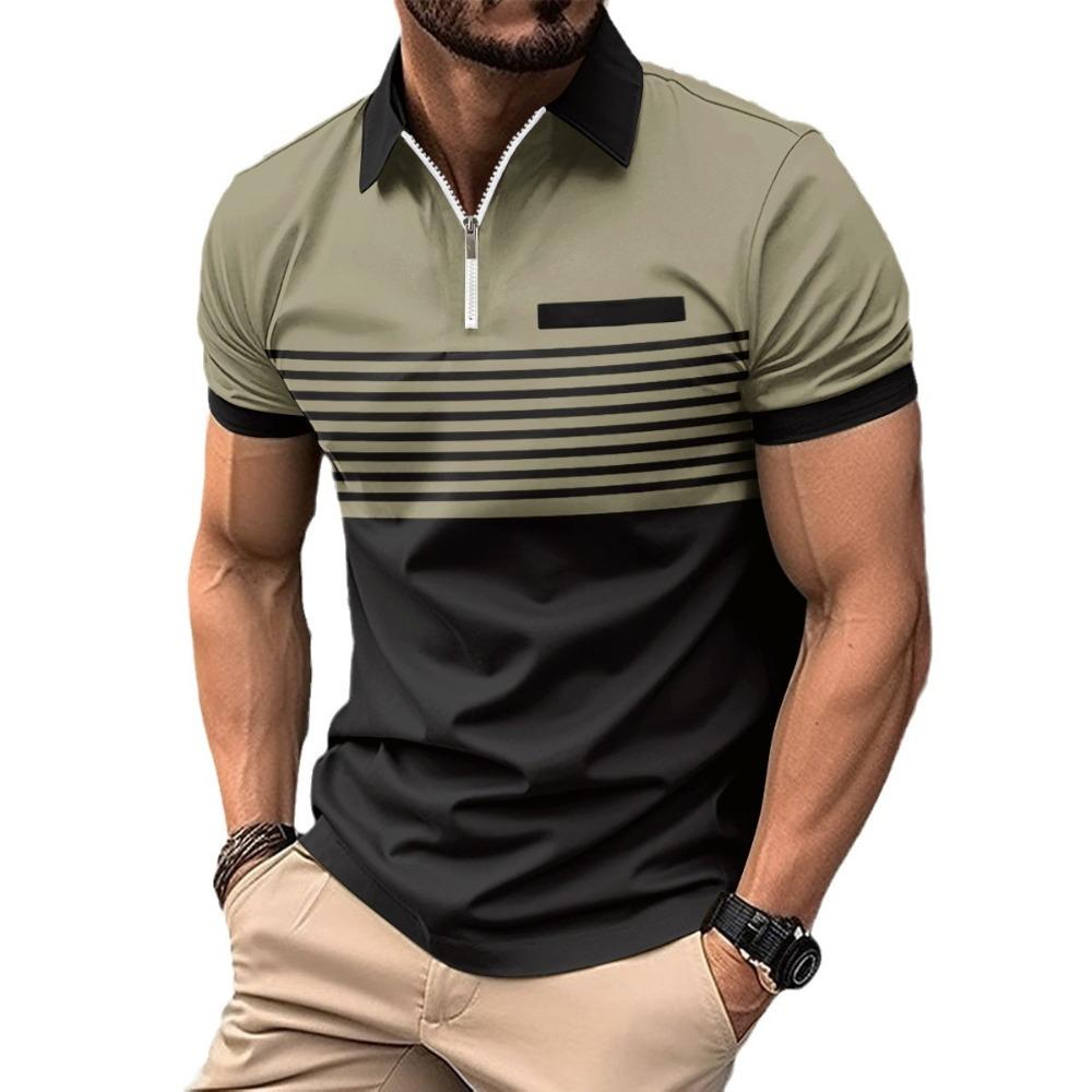 Summer Casual Polo Shirt with Zip – Men’s Printed Striped Short-Sleeved T-Shirt
