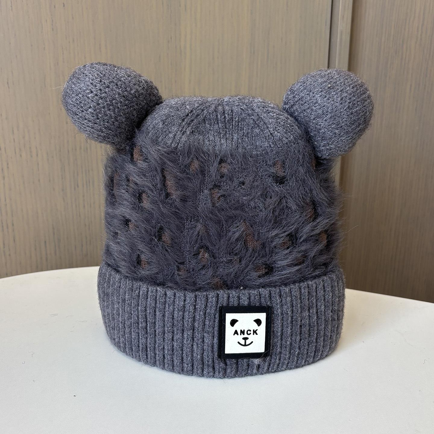 Bear Ears Versatile Wool Cap Female Leopard Print Plush Knitted Cap Warm Fleece Ear Cap One size fits all