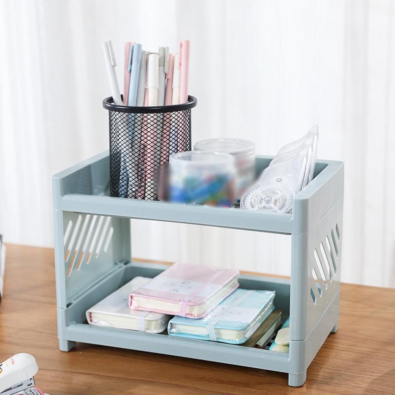 1PC PP Desktop Double Layer Storage Rack Rectangular White Organizing Student Desk Office Cosmetics Stationery