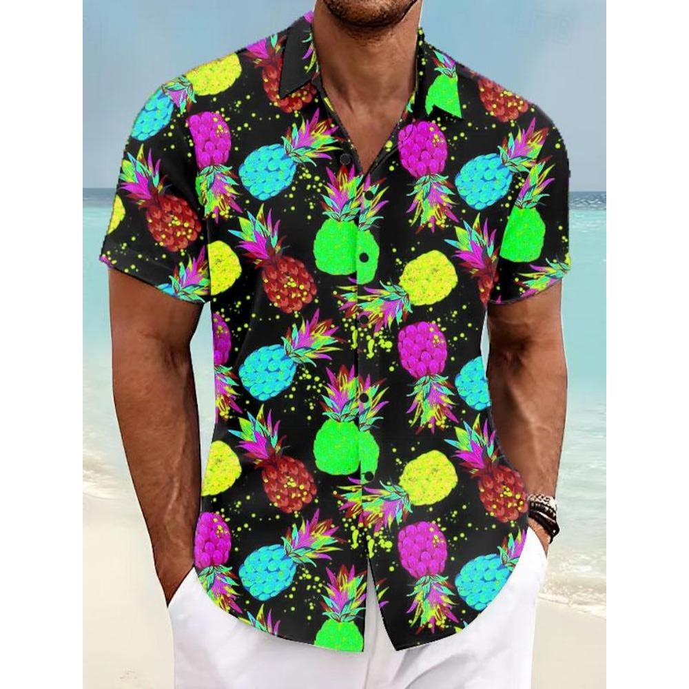 Pineapple Tropical Men's Shirt Summer Aloha Shirt Casual Holiday Summer Spring Turndown Short Sleeve Stretch Fabric Shirt