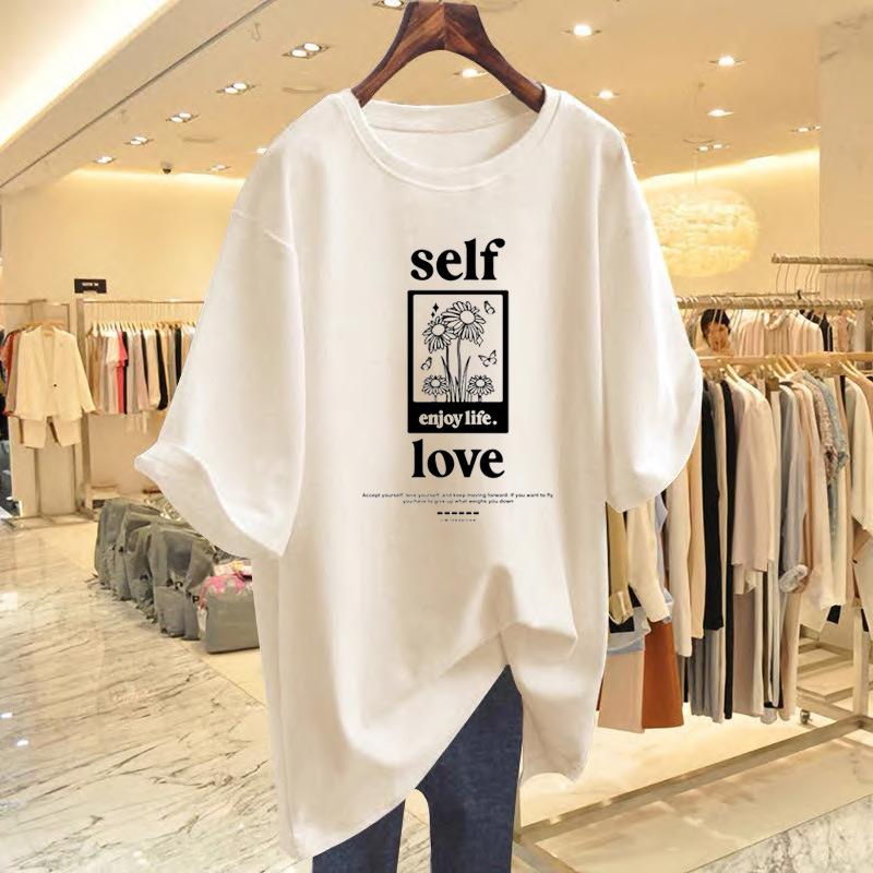

Pure cotton short-sleeved t-shirt women s large size loose casual simple versatile medium and long hip-covering round neck half-sleeved t-shirt top XXXL