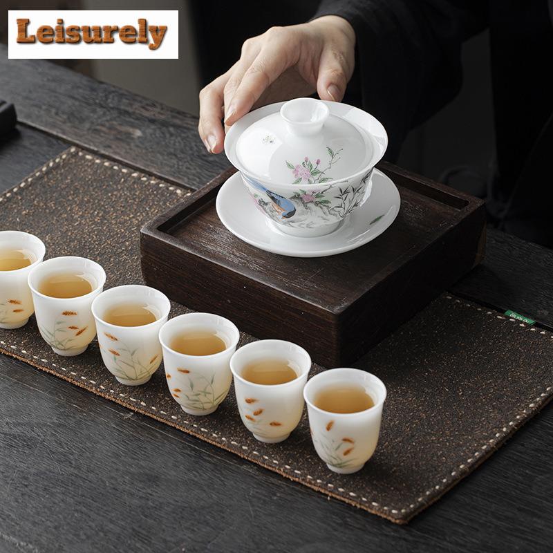 135ml butikový nefritový porcelán Gaiwan, ručně malovaná květinová a ptačí čajová mísa, kryt na čajový konvici, miska, kavárny, dárky