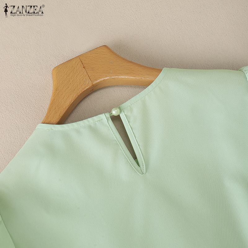 ZANZEA Women Casual Round Neck Solid Color Puff Short Sleeve Blouse