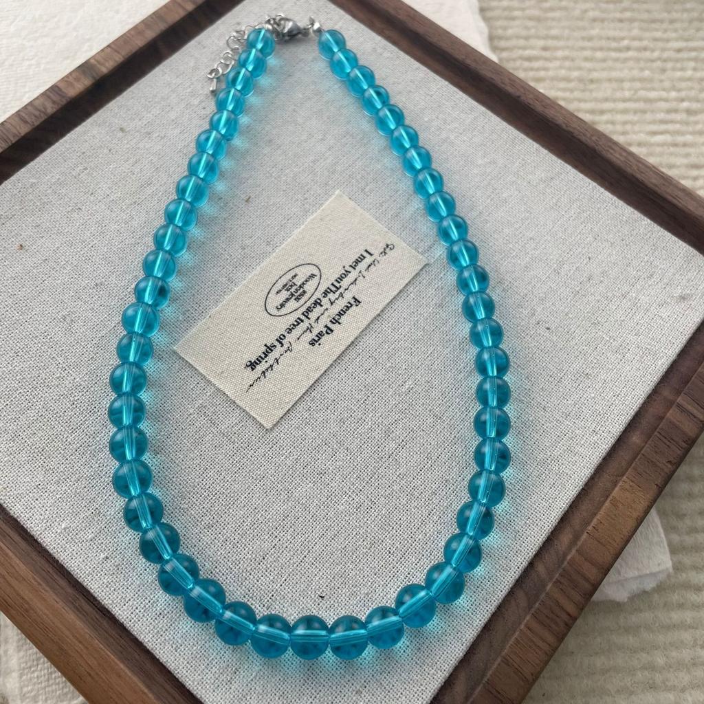 Summer ice blue high-transparency crystal necklace, sea blue treasure color niche collarbone chain, women's personality cold and simple