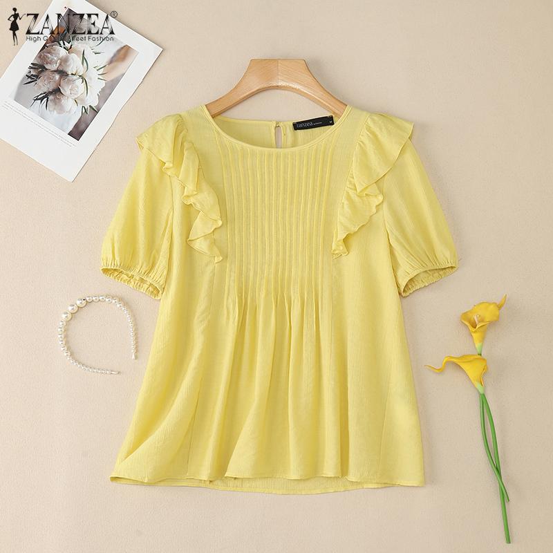 ZANZEA Women Casual Short Sleeve O-neck Ruffled Pleating Elegant Blouse