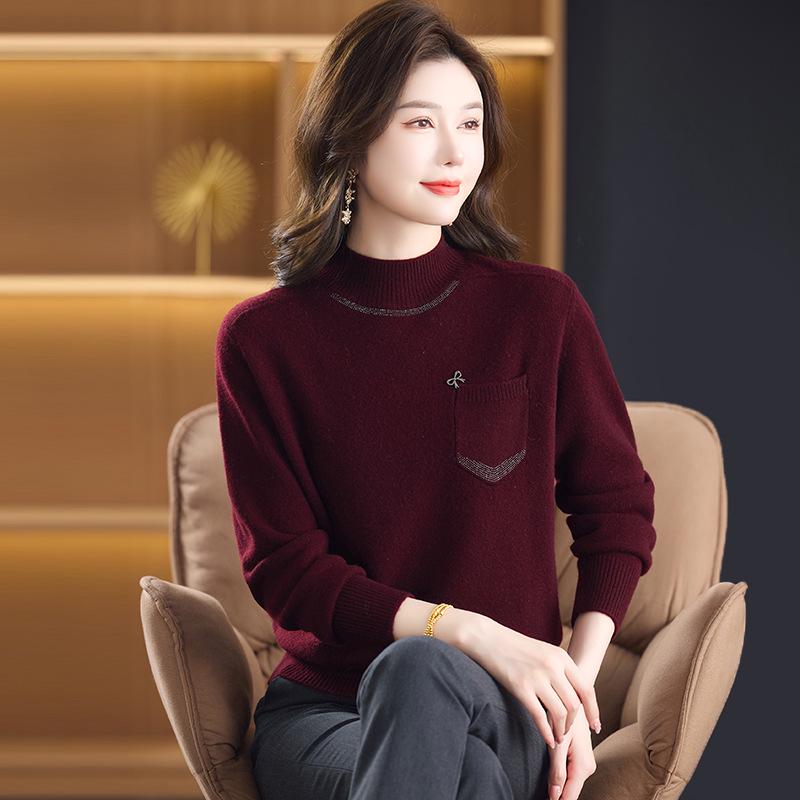 100% reine Schurwolle Damen Pullover mit halbem Stehkragen - Warme Strick-Basisschicht für mittlere und ältere Menschen