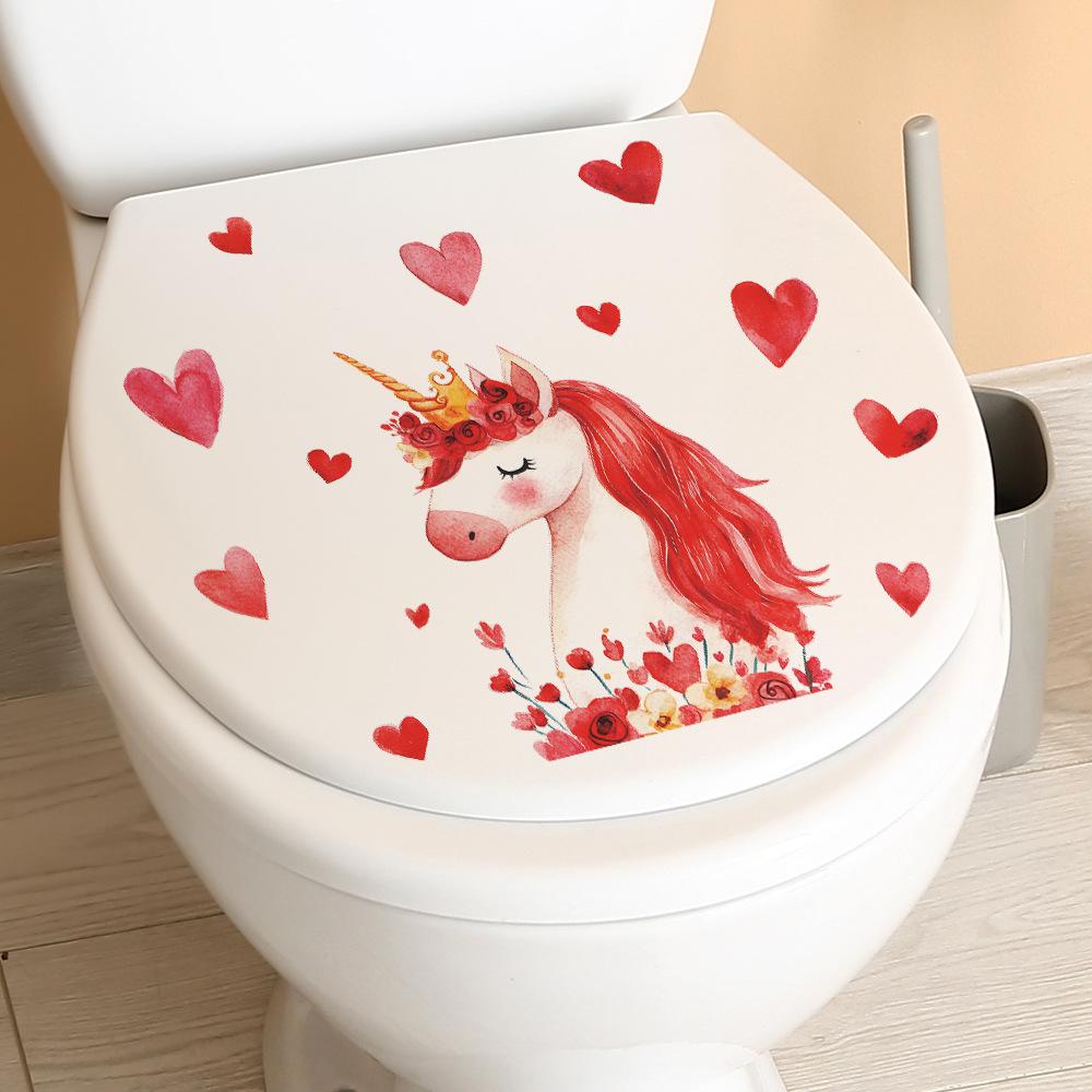 Cute Unicorn with Love Hearts Toilet Seat Sticker Bathroom Decor Magical Removable Waterproof Decal