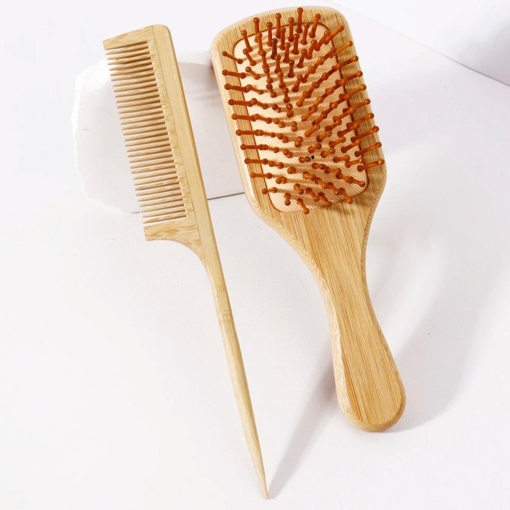 2-teiliges Bambuskamm-Set, ovaler/quadratischer Bambus-Luftkissenkamm, Bambus-Stielkamm, antistatischer Haarkamm, speziell für Echthaarperücken