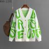 Women Letter Print Cardigan Knit Button Down Long Sleeve Open Front Sweater New Fall Winter Fashion