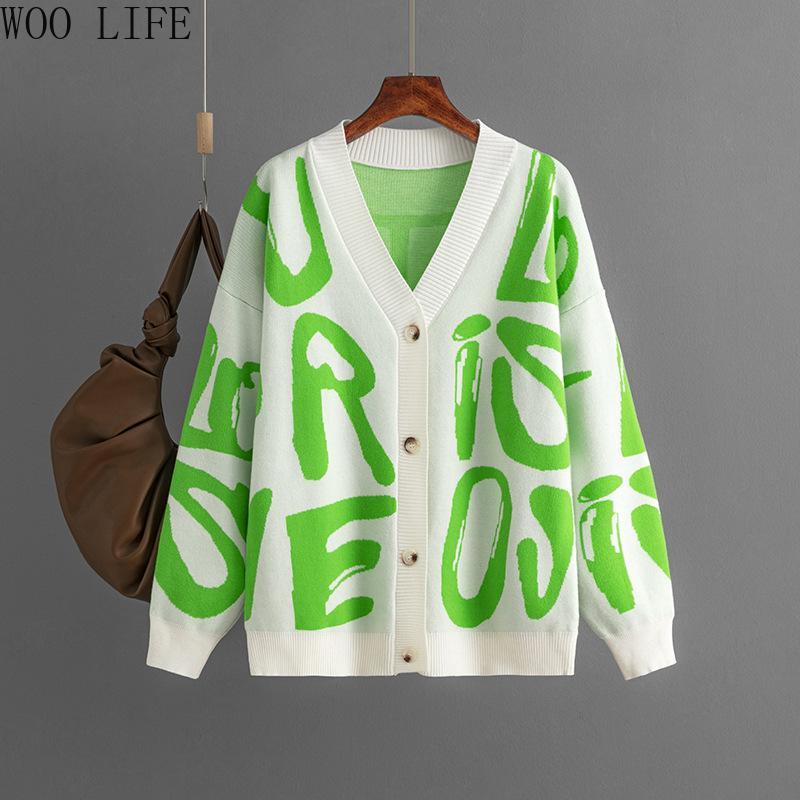 Women Letter Print Cardigan Knit Button Down Long Sleeve Open Front Sweater New Fall Winter Fashion
