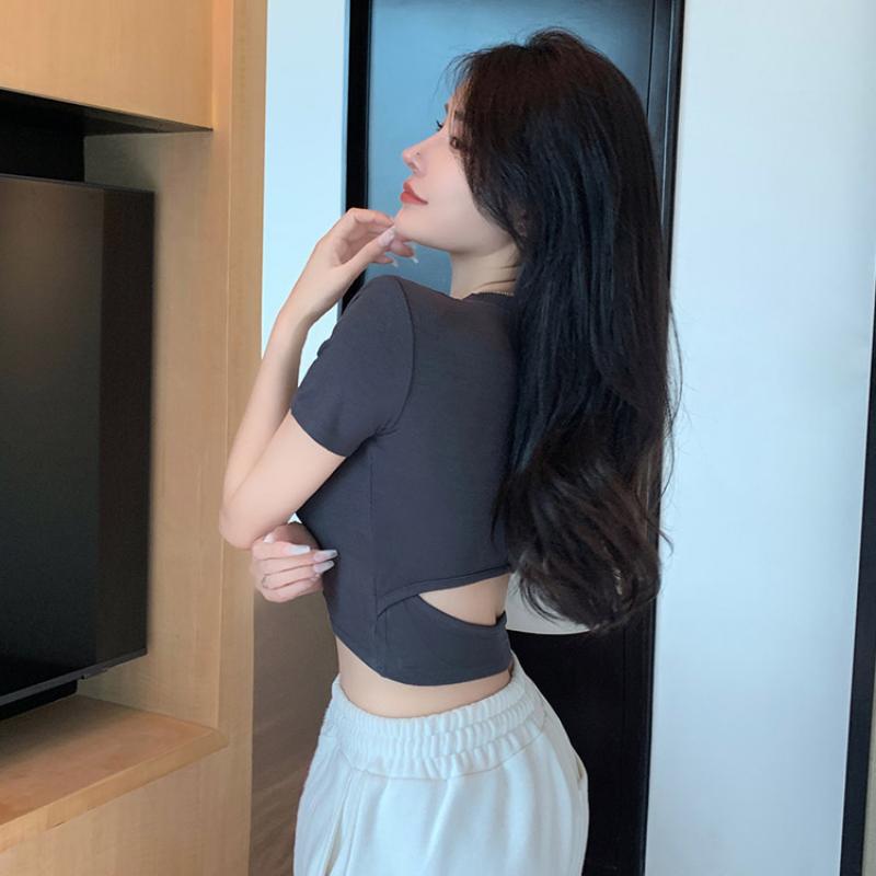 Casual Short Sleeve Slim Fit White T-shirt for Women Summer Backless Hollow Sexy Crop T Shirt Women Clothing Round Neck Simple Cotton Tee Shirt 24381
